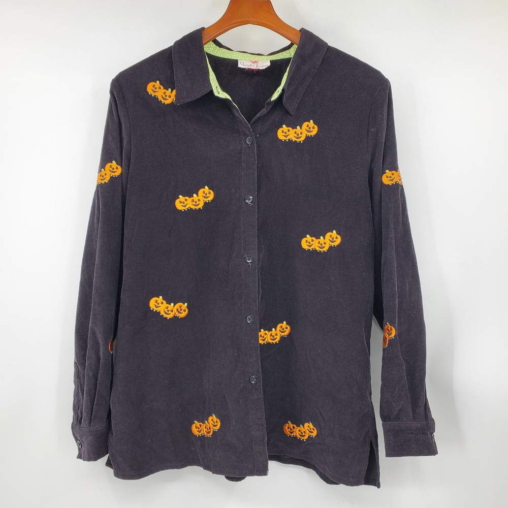 Quacker Factory Corduroy Pumpkin Embroidered Button Down Shirt Halloween Spooky